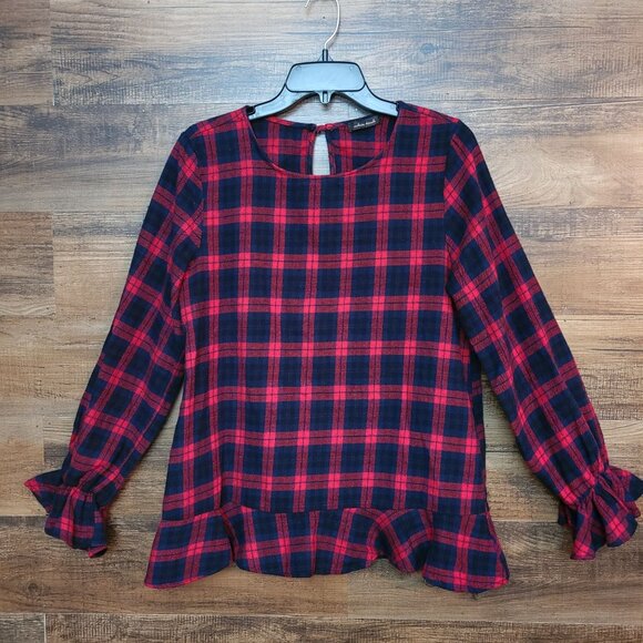 WHITE BIRCH Top Womens L Flannel Plaid Ruffle Hem Bell Sleeve Boho Cottagecore - Picture 1 of 10